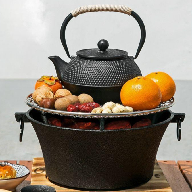 드럼통 무쇠 숯불 화로대 불판 연탄구이 화덕 캠핑 그릴망 포함 30cm 화로 그릴망 나무 받침대 - 상품 이미지