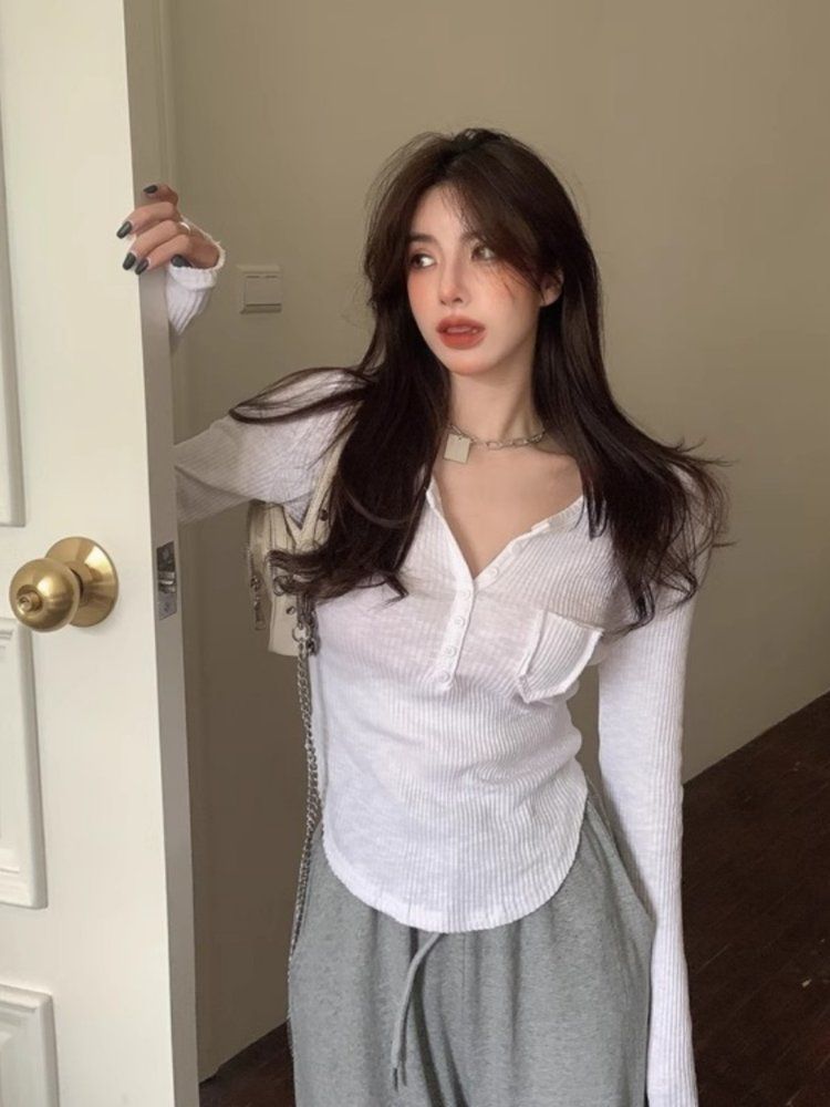브이넥 긴팔 바닥 v넥 티셔츠 V넥 브이넥니트 여성브이넥니트 니트 여성 여자 루즈핏 반팔 - 상세 이미지 4