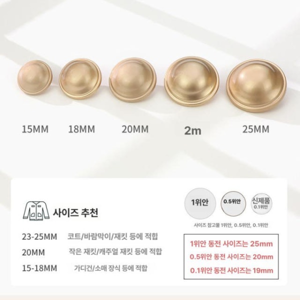 고급스러운 빈티지 금색 원형 라펠 메탈 트위드 코트 단추 무광골드 그라스햇 엣지 15mm 3개 - 상세 이미지 3