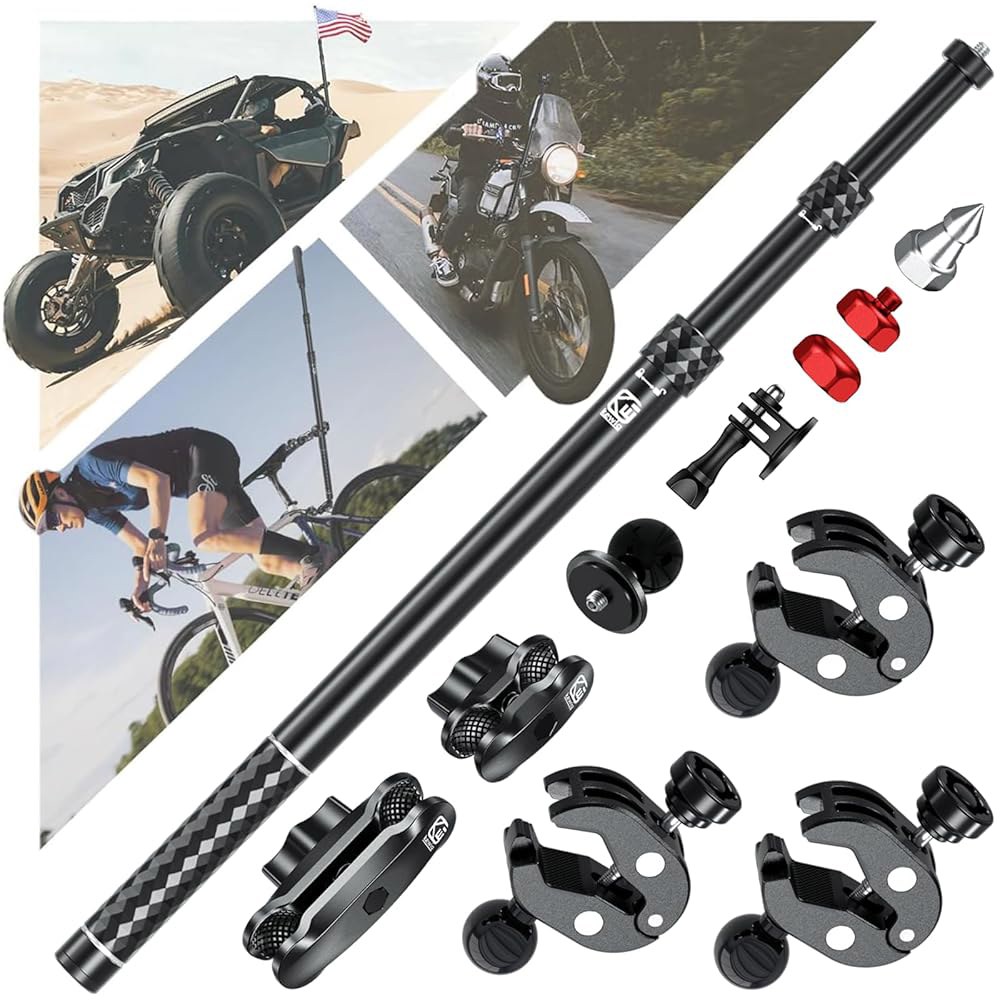 VAZESWIN 알루미늄 합금 모터사이클 카메라 마운트 키트 GoPro Insta360 DJI, 360 회전식 대형 자전거 핸들바 방지 클램프 마운트, ATV UTV용 확장형 셀카 - 상품 이미지