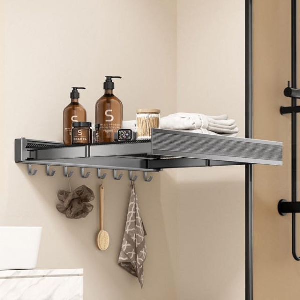 세련된 벽부착 욕실 수납 접착식 선반 정리 다용도 틈새 팬텀 나이트 블랙 44cm 6개후크 - 상세 이미지 2