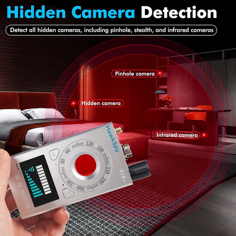 HawkSpy K18 히든 카메라 탐지기 버그 및 GPS 트래커 스캐너용 스파이 파인더 - 사운드 진동 알람이 있는 디바이스 스캐너 휴대용 개인정보 보호(실버) Black - 상세 이미지 3