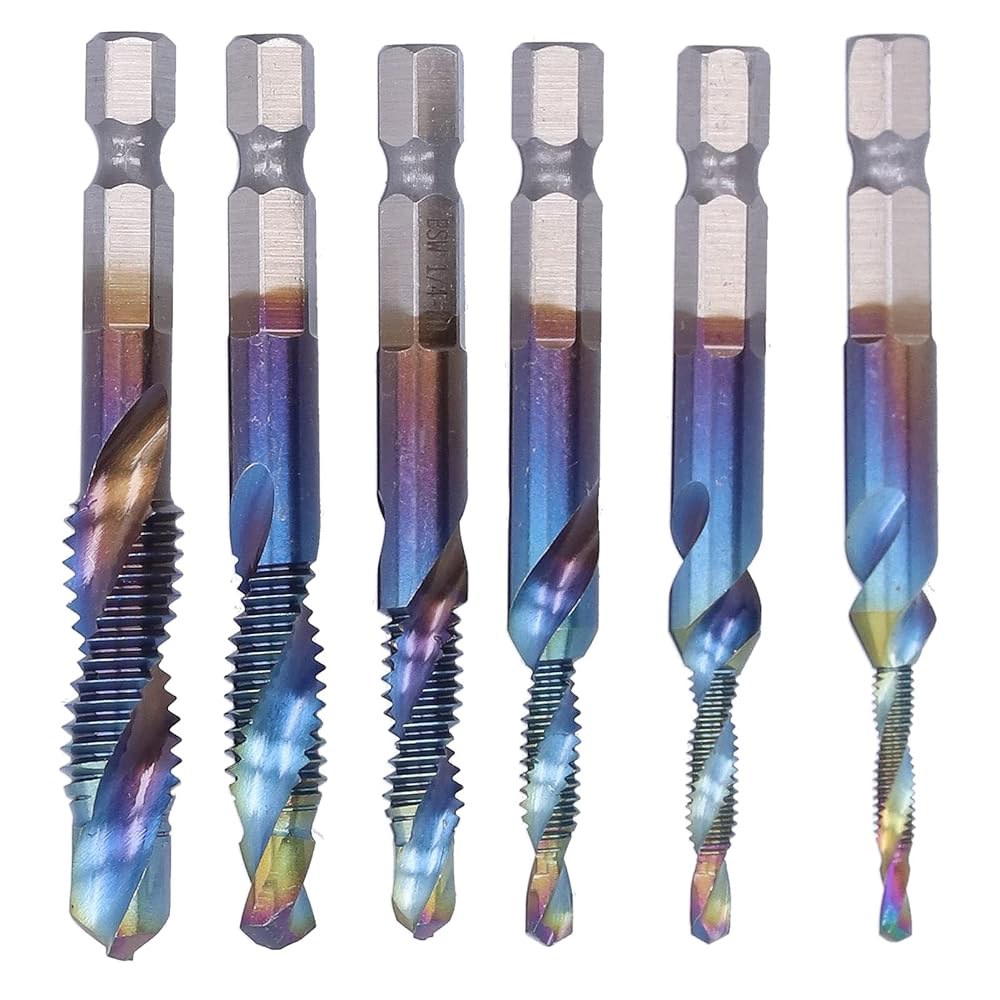 6Pcs /Set 임페리얼 블루 스파이럴 탭 드릴 비트 키트 1 /8-40, 5 /32-32, 3 /16-24, /4-20, /16-18, /8-16 인치 고속 강철 - 상품 이미지