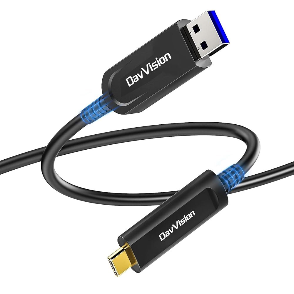 DavVision USB A to C 광섬유 케이블 33 FT, 10Gbps 3.2 Gen2 확장 케이블, 독일 실리콘 라인 칩, 초슬림 및 장거리 4K 카메라, VR/AR, 회의 - 상품 이미지