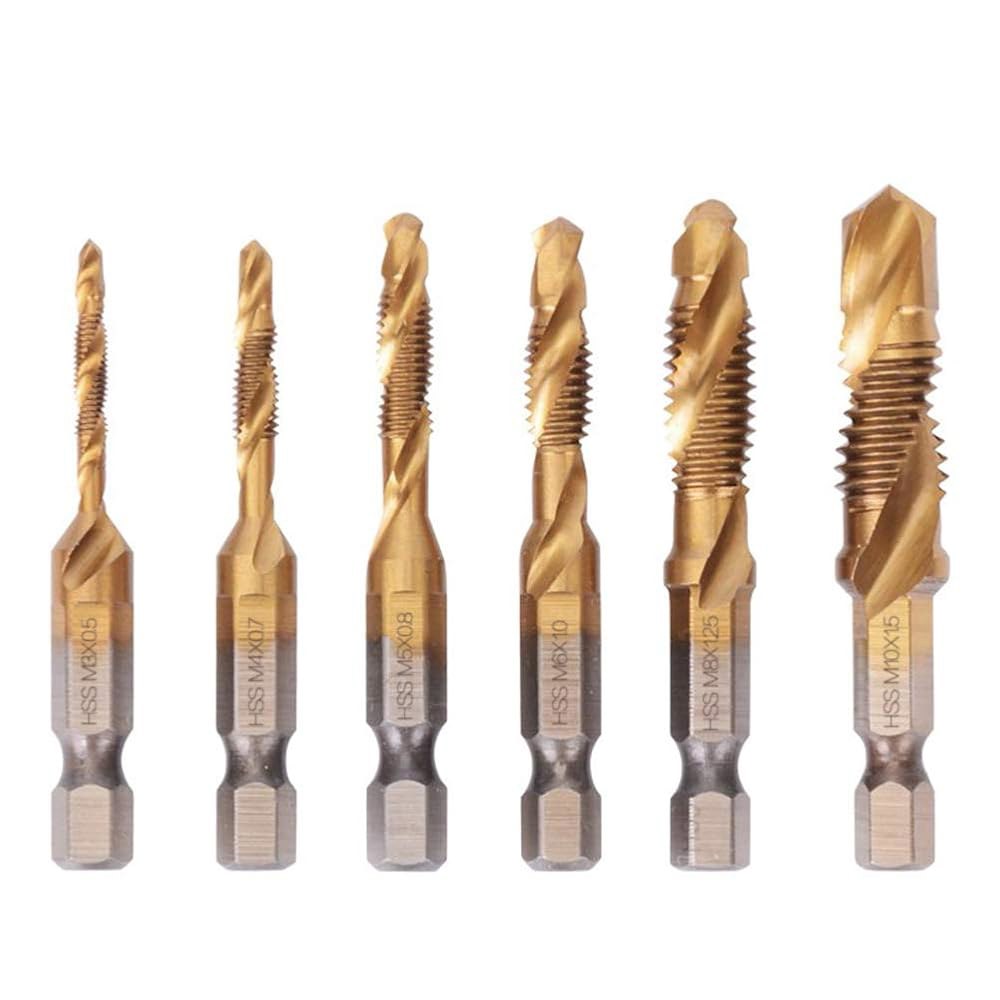 야카모즈 6Pcs 1/4 헥스 샹크 티타늄 드릴 탭 조합 비트 세트 나사 카운터싱크 메트릭 스레드 M3-M10 도구 - 상품 이미지