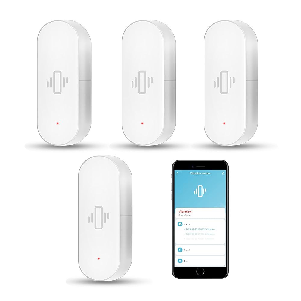 WiFi 진동 센서 앱 알림 기능이 있는 스마트 도어 윈도우 센서, 무선 유리 깨짐 감지기, 조절 가능한 감도, 알렉사 구글 홈(4Pack)과 호환 가능 2-Pack 2-Pack - 상품 이미지