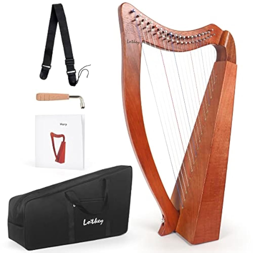 LOTKEY 19 현악기 하프, 솔리드 마호가니 하프 29인치 W / Gig Bag, 튜닝 렌치, 스트랩, 프로 라이어 연주자를 위한 설명서, 초보자, F3 G3 A3 C4 D4 - 상품 이미지