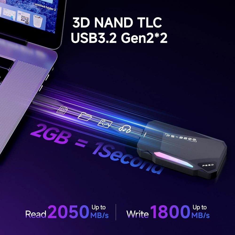 1TB 마그네틱 휴대용 SSD, 2050MB /s 타입-C USB 3.2세대 2x2 외장 4K 프로레스 레코드 및 스토어, 알루미늄 합금, RGB 터치 조명, iPhone15 /1 - 상세 이미지 3
