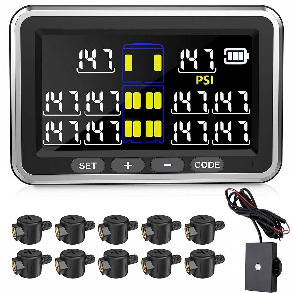 Tyona 타이어 압력 모니터링 시스템, 10 플로우 스루 센서 트럭 TPMS RV 트레일러, 0-199psi 4.5인치 컬러 스크린, 6가지 알람 모드, 장거리 감지, 트럭, - 상품 이미지