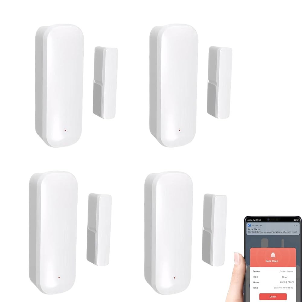 Tuya 스마트 홈 장치 Alexa 및 Google 어시스턴트와 호환되는 보안을 위한 Mengshen 4 팩 WiFi 도어 윈도우 센서 허브 필요 없음 무선 접촉 2 Pack - 상품 이미지
