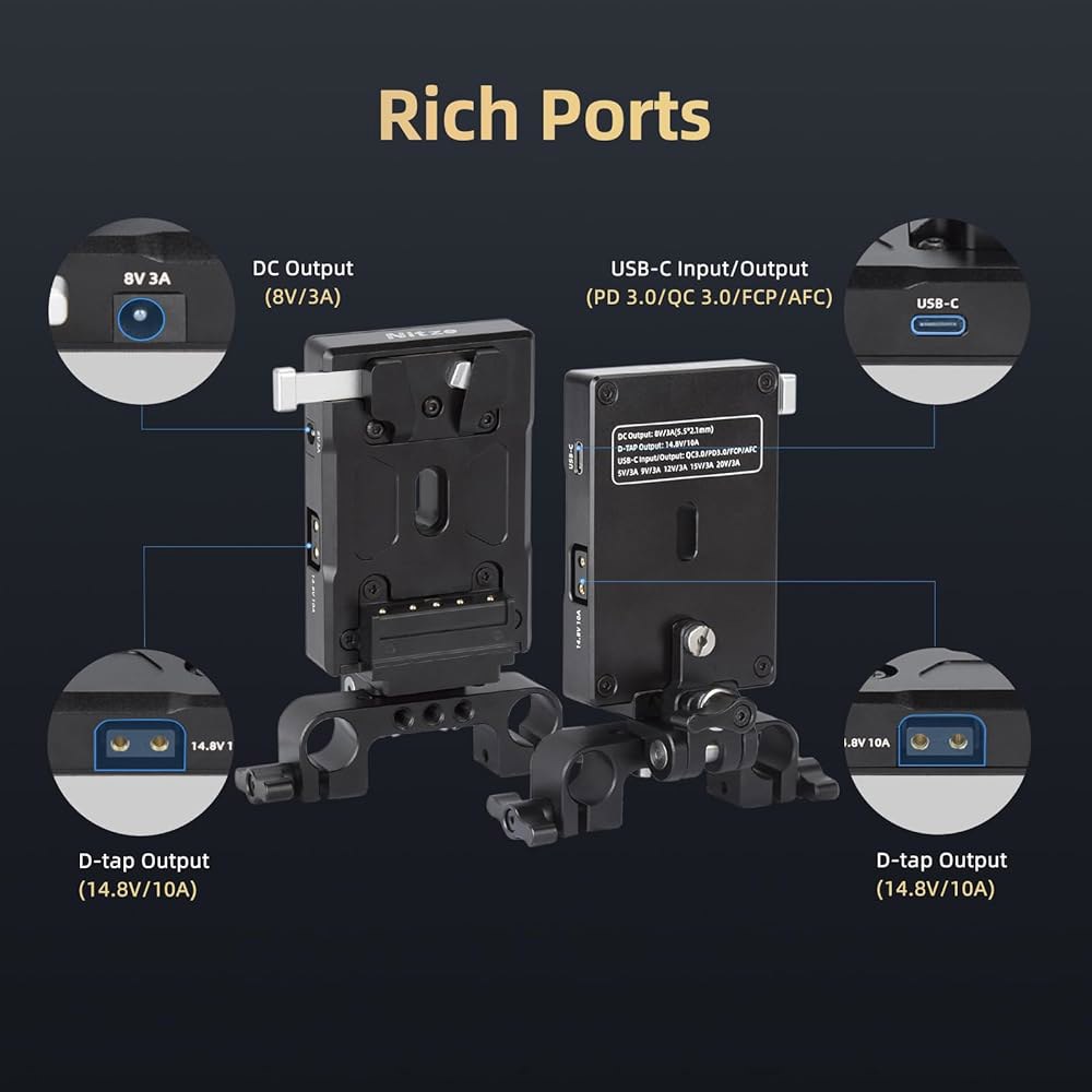 니츠 조절식 V 마운트 배터리 플레이트, USB-C(PD 3.0) 입력/출력, DC(8V / 3A), D탭(14.8V 10A) 출력, 15mm 막대 클램프 및 암, 카메라 전원 - 상세 이미지 2
