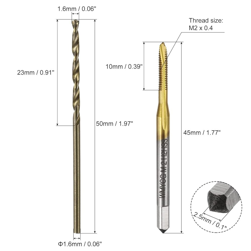 uxcell 메트릭 탭 및 드릴 비트 세트, 2pcs M2 x 0.4 나선형 점 나사 티타늄 코팅 1.6mm 트위스트 로스팅 옐로우, 스레딩 도구 M2 x 0.4 + 1.6mm - 상세 이미지 2