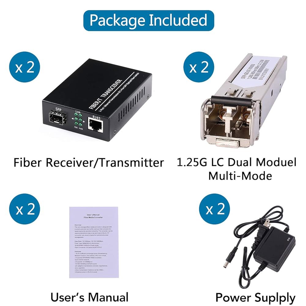 2PCS Bidi SFP LC 듀얼 트랜시버 모듈이 포함된 1.25G /s 기가비트 멀티 모드 광섬유 이더넷 미디어 컨버터 한 쌍, 10 /100 Base-Tx to 1000Bas - 상세 이미지 2