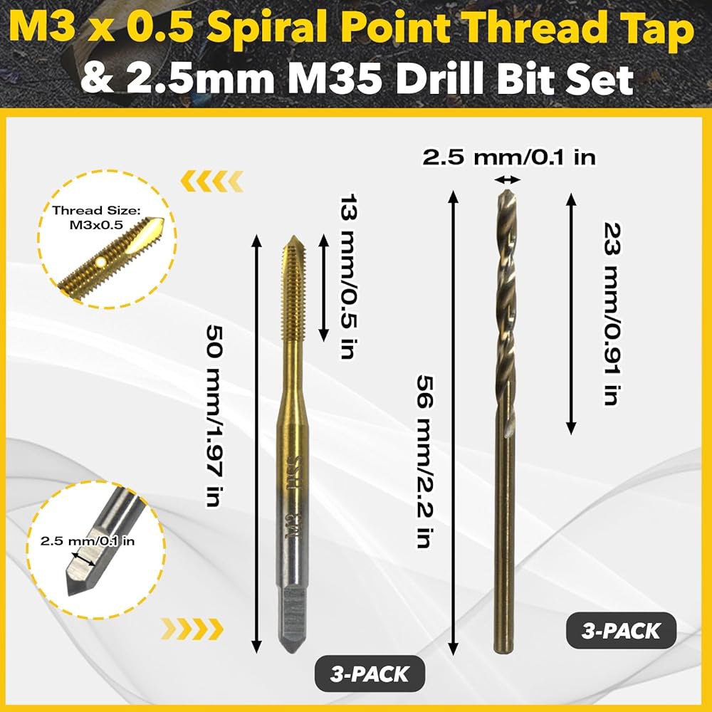 금속 가공, 자동차, 전자 및 DIY 프로젝트를 위한 3팩 메트릭 탭 드릴 비트 세트 - M3 0.5 Ti 코팅 HSS 6542 나선형 포인트 + 2.5mm M35 코발트 - 상세 이미지 2