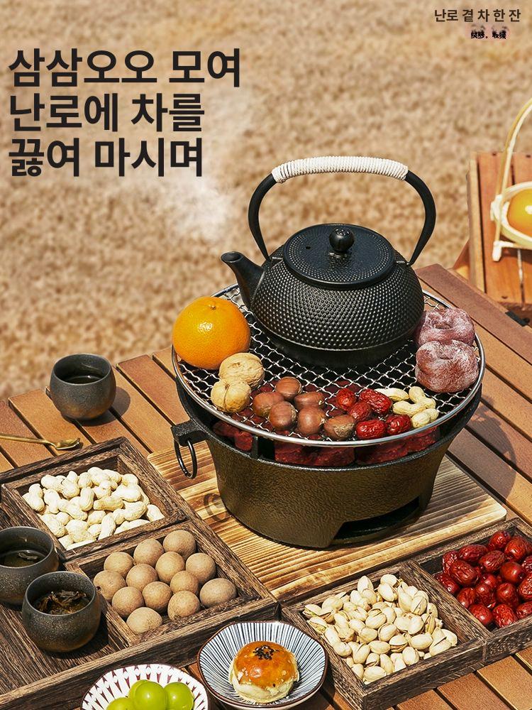 드럼통 무쇠 숯불 화로대 불판 연탄구이 화덕 캠핑 그릴망 포함 30cm 화로 그릴망 나무 받침대 - 상세 이미지 2