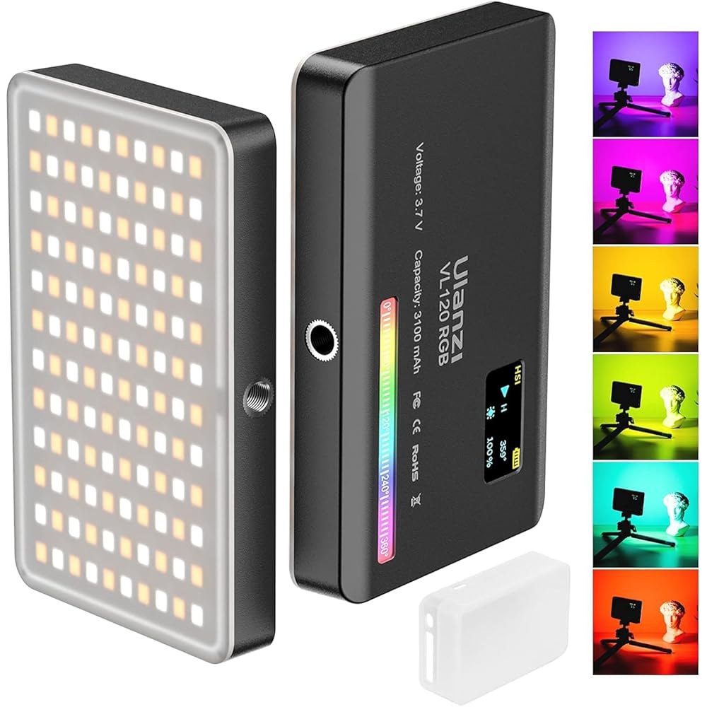 ULANZI VL120 RGB 비디오 라이트, 포켓 LED 카메라 온 내장 3100mAh 충전식 배터리, 360 풀 컬러 20 라이트 이펙트, 사진 브이로그를 위한 CRI 95 - 상품 이미지