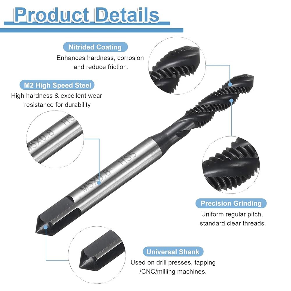 uxcell 10pcs 나선형 플루트 나사산 탭 M5 x 0.8 H2 미터법 기계 비트, 질화 코팅 나사 수리 도구, M2 고속 강철(HSS6542) M5 x 0.8 - 상세 이미지 3