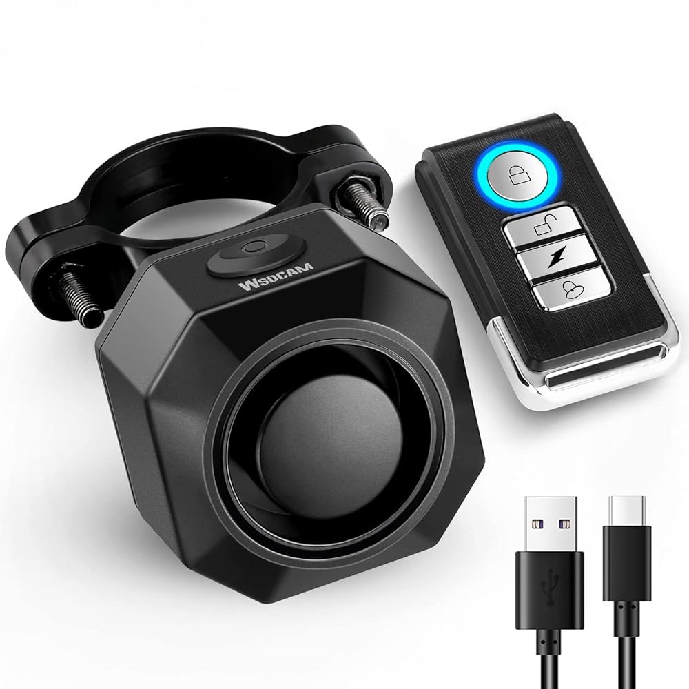 WSDCAM USB 충전식 자전거 알람, 원격, 110dB 소음의 무선 방지 진동 모션 센서 차량 알람 시스템 방수 트레일러 모터사이클 - 상품 이미지