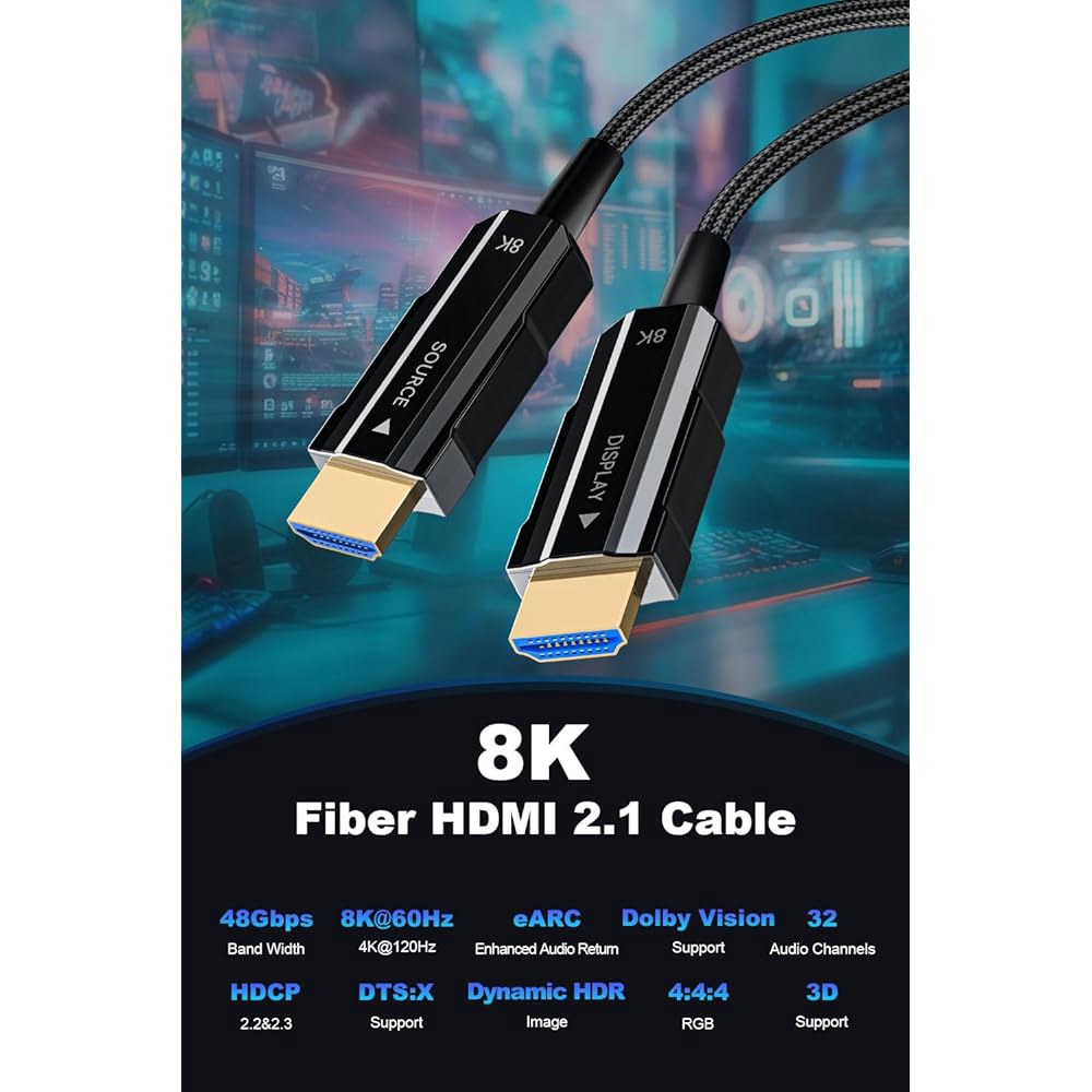 8K 길이 HDMI 2.1 케이블 25피트, 광섬유 땋은 코드, 고속 액티브 케이블, 48Gbps, 8K@60Hz 4K@120Hz, 다이나믹 HDR, eARC, HDCP 2.2&2 - 상세 이미지 3