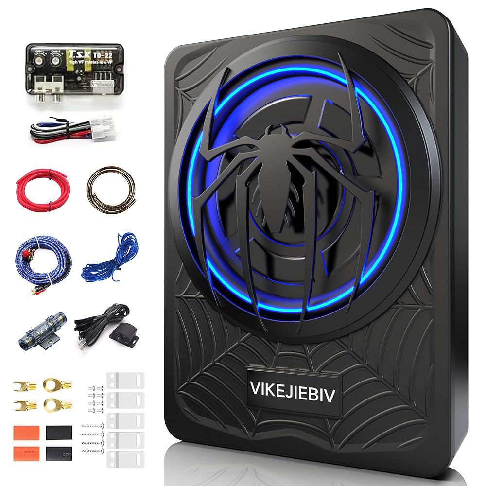 1200W 서브우퍼, 슬림 언더시트 차량 서브우퍼 및 앰비언트 라이트 포함 앰프 패키지, 저역 통과 / 게인 부스트 베이스 개별 제어, 시끄러운 스테레오 사운드, 트럭 /SUV - 상품 이미지