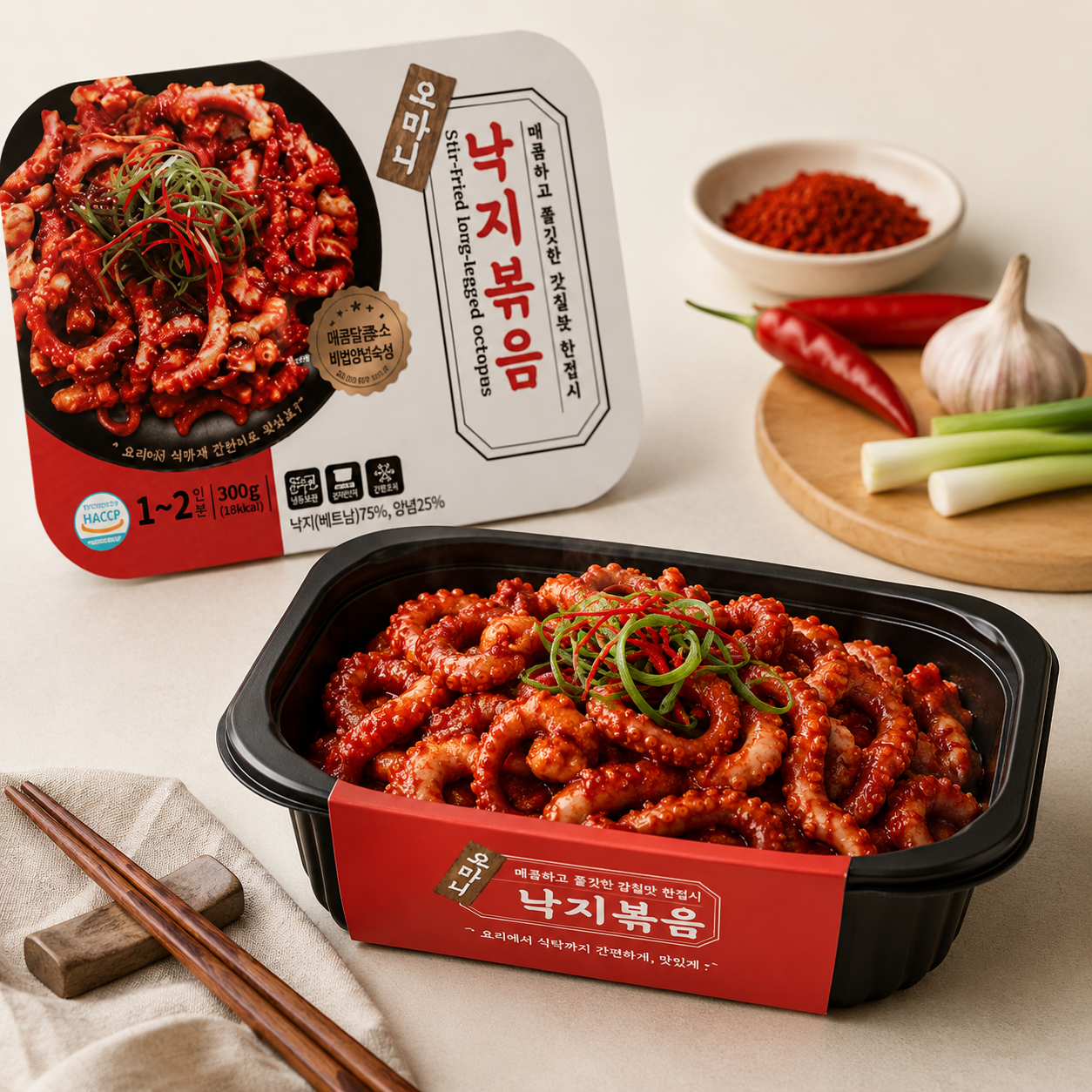 동화푸드 오마니 낙지볶음 300g 낙지 매콤 양념 캠핑 요리 집들이 밀키트 - 상품 이미지