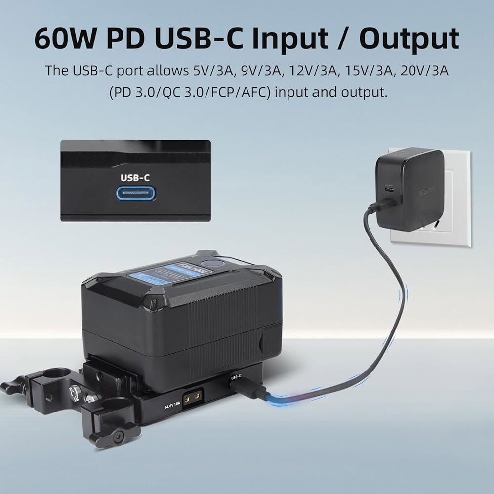 니체 V 마운트 배터리 어댑터 플레이트, USB-C 입출력(PD 3.0), DC(8V / 3A), D탭(14.8V 10A) 출력 및 15mm 막대 클램프, 카메라 전원 공급용 미니 - 상세 이미지 3