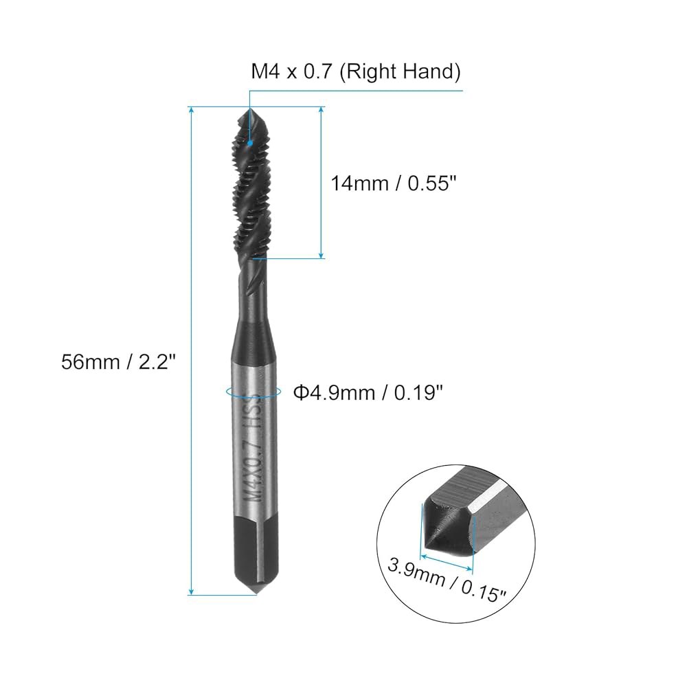 uxcell 6pcs 미터법 나선형 플루트 나사산 탭, M4 x 0.7 H2 기계 수리를 위한 질화물 코팅 6542 고속 강철 탭 도구 M4 x 0.7 - 상세 이미지 2
