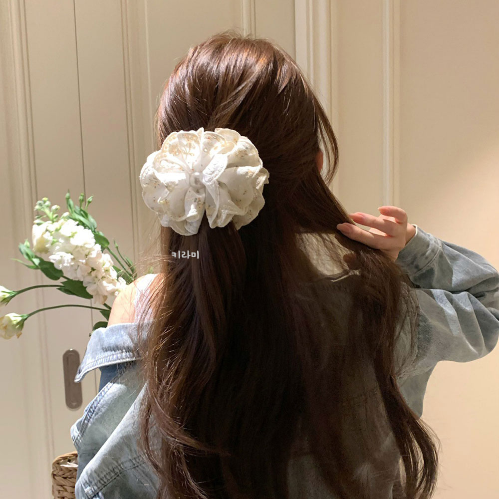 꽃무늬 레이스 바나나머리핀 포니테일집게삔 진주 자수 헤어핀 - 상세 이미지 2