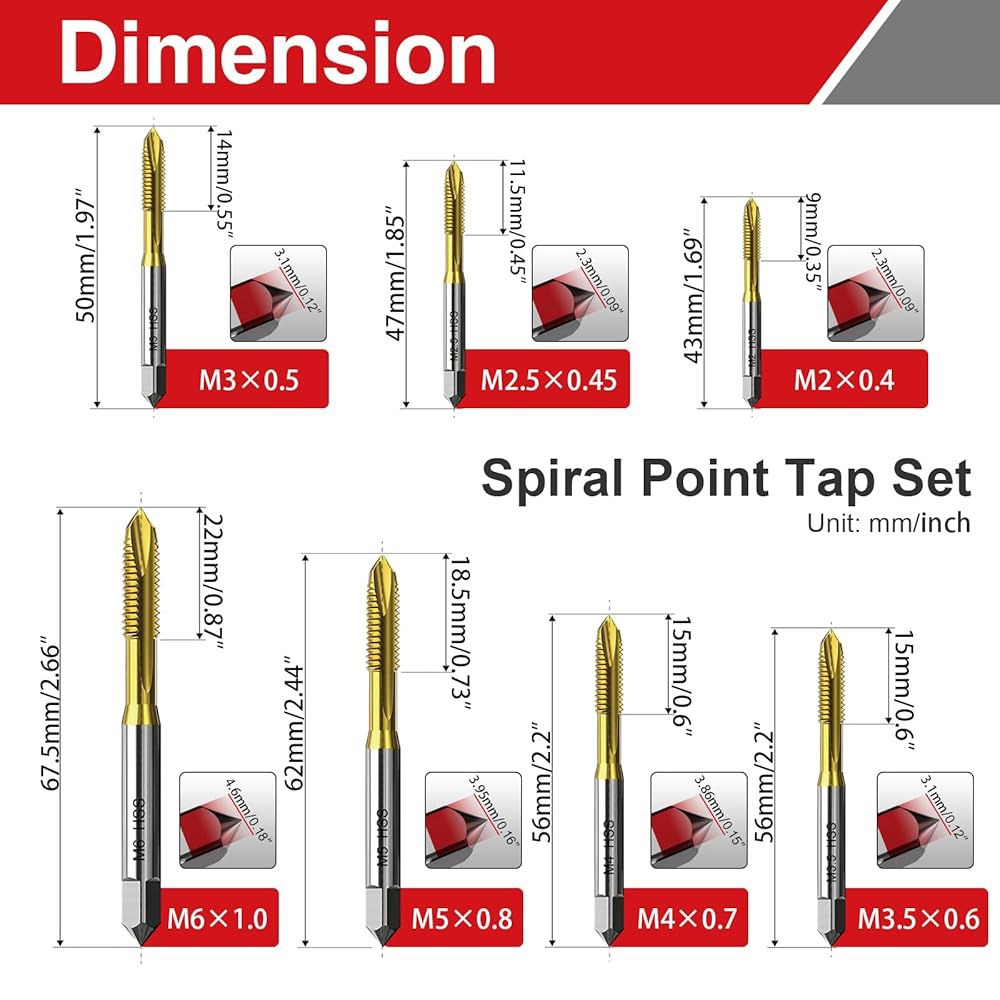 7pcs 나선형 포인트 탭 세트 M2.5 M3.5 M4 M5 M6, 티타늄 코팅 고속 강철 6542 금속 가공 및 정밀 수리용 기계 나사산 도구 - 상세 이미지 2