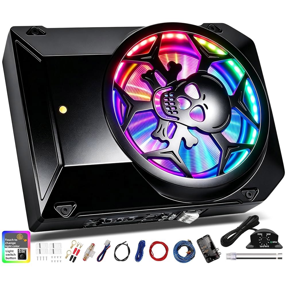 WDiYA 1600W 카 서브우퍼, 앰프 내장 10인치 초박형 파워 언더시트 서브, LPF / 게인 베이스 부스트, 터치 컨트롤, 물리적 스위치 리듬 LED 앰비언트 라이트, 독립 - 상품 이미지