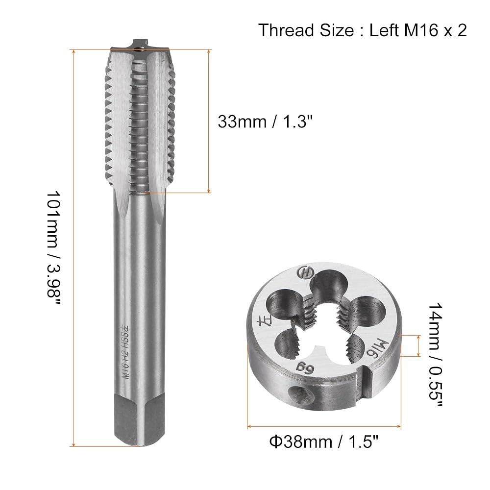 uxcell 탭 및 다이 세트, M16 x 2 미터법 왼손 나사산 스트레이트 플루트 탭, 둥근 다이, 너트 나사 볼트 수리용 키트 M14 x 2 - 상세 이미지 2