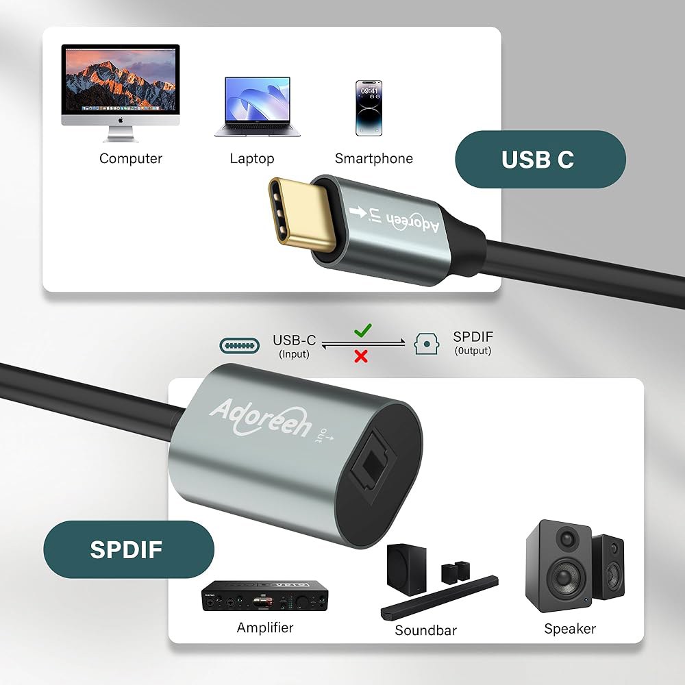 남성용 USB C에서 여성용 SPDIF Toslink 광 송신기 오디오 케이블 컨버터 0.6 FT, 디지털 광섬유 어댑터로 노트북, PC, 전화, 사운드바, 앰프 - 7.1 / - 상세 이미지 2
