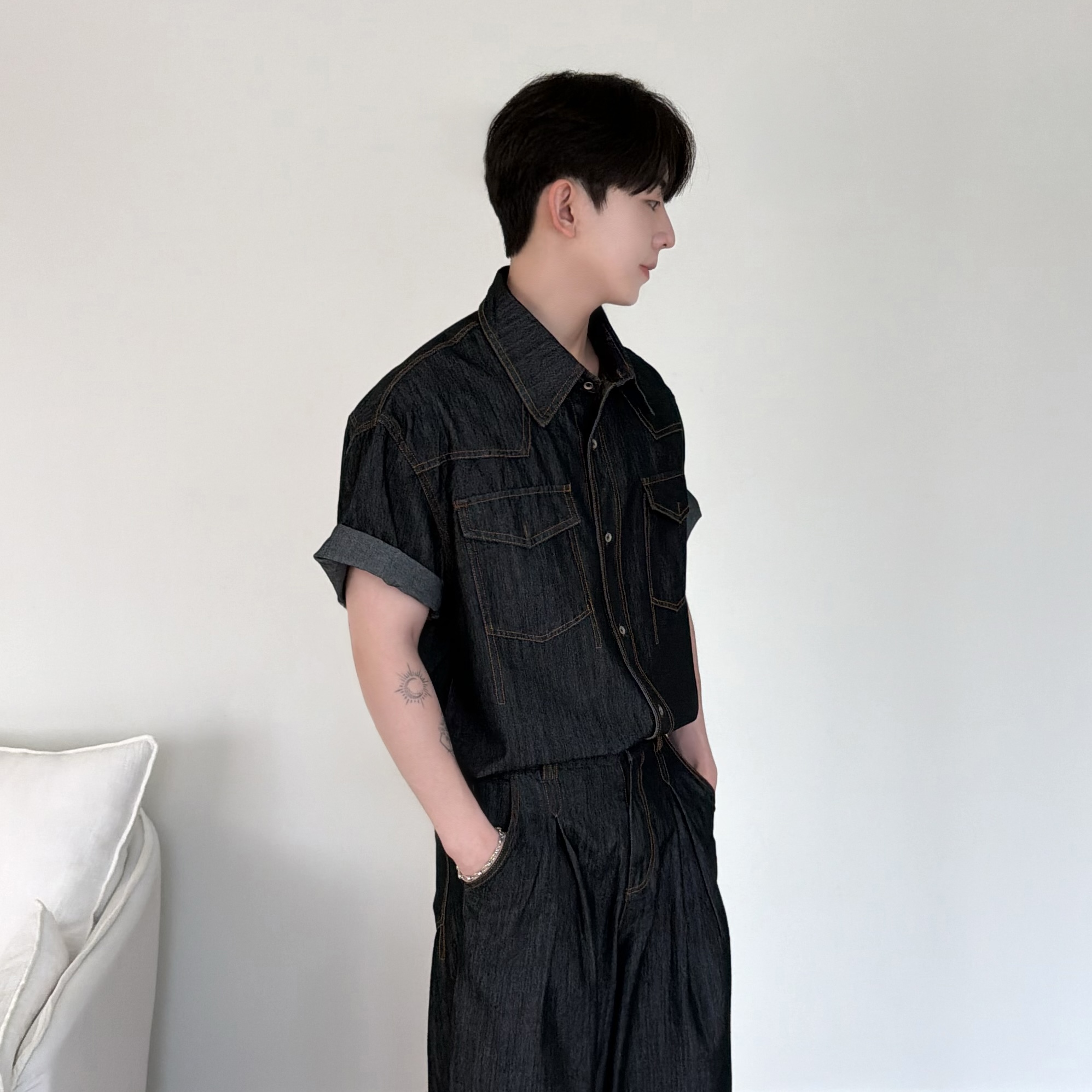 인디고 웨스턴 오버핏 데님 셔츠 셋업 남친룩 꾸안꾸 여름코디 남자셔츠 - 상세 이미지 2