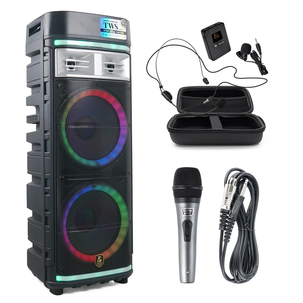 80W 이동식 앰프 버스킹 블루투스 스피커 UHF 무선마이크 세트 CR500NHW - 상품 이미지