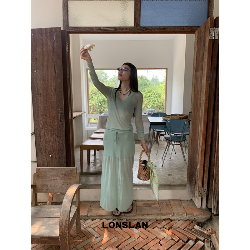 LONSLAN 론슬란 여름니트 롱스커트 시스루 플레어 여름 롱치마 - 상세 이미지 2