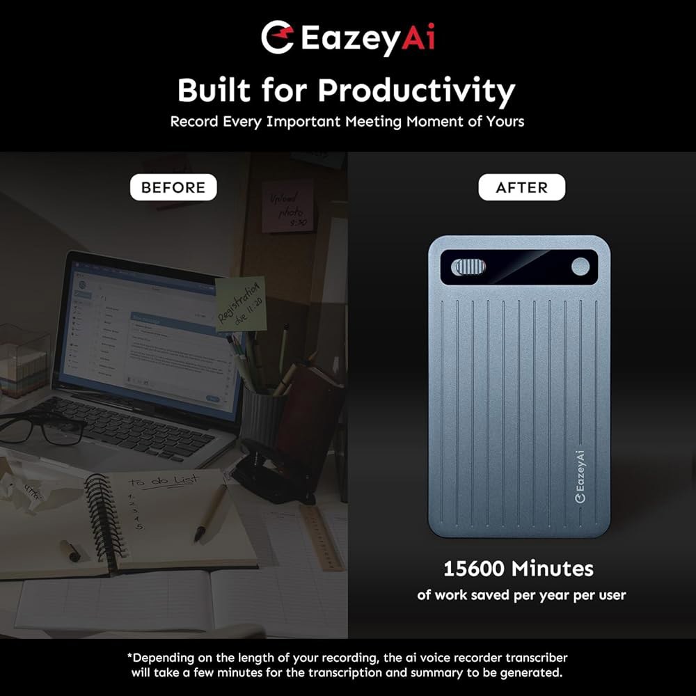 EAZEYAI AI 음성 녹음기, 64GB, 기술이 적용된 무제한 전사 및 요약, 앱 제어가 가능한 노트 강의, 회의, 통화를 위한 140개 언어(파란색) Blue - 상세 이미지 3