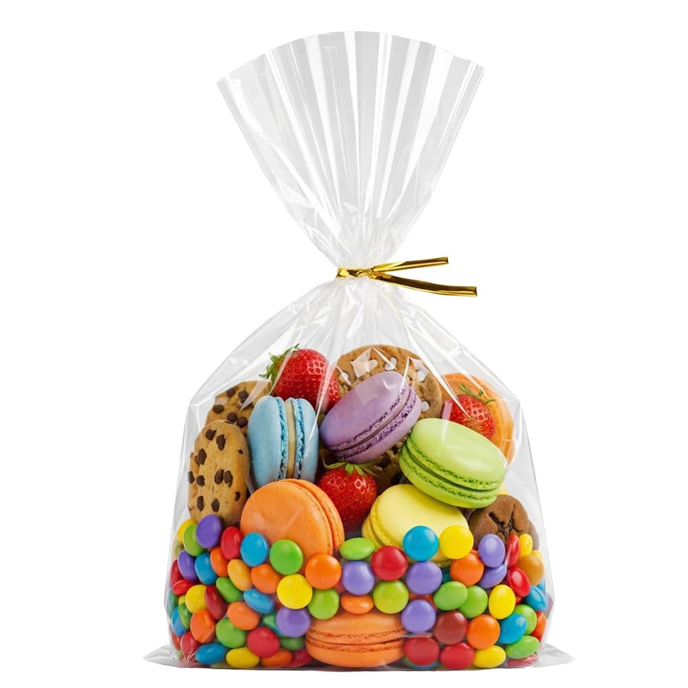 와우핏 50 CT 7x13 인치 투명 셀로판 선물 가방 6인치 골드 트위스트 타이 u2013 대형 쿠키, 사탕, 간식, 팝콘, 머그컵, 파티 포장 튼튼하고 식품 안전함 - 상품 이미지