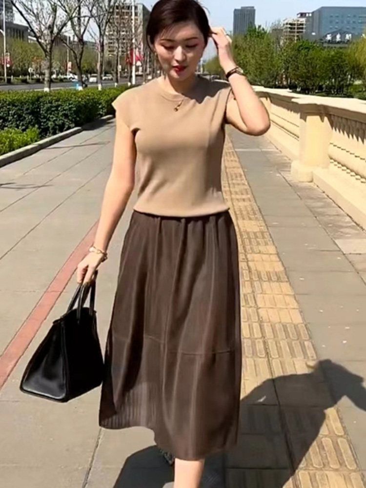 프렌치 여성용 캐주얼 펀칭 드레스 하이웨이스트 무릎길이 랜턴 스커트 미디스커트 미디무릎길이 탑 단품 M (40-50kg) - 상세 이미지 3