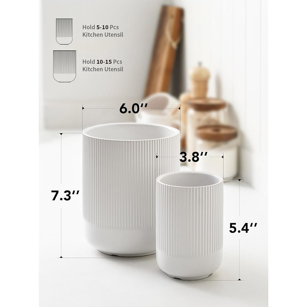 주방 조리대용 LE TAUCI 식기 홀더, 7.3 +5.4 플룻 세라믹 그릇 정리함, 주걱, 숟가락용 대형 2개 세트, 흰색, 조리대 장식 White - 상세 이미지 3