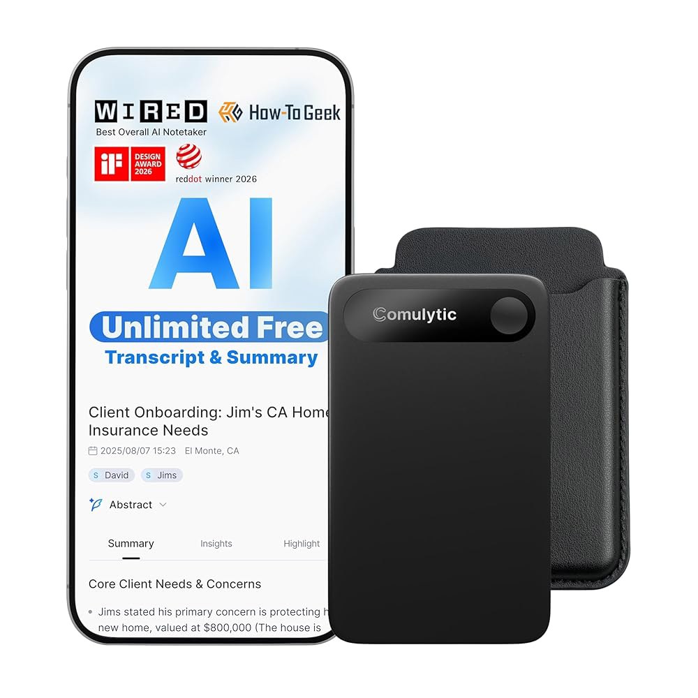 Comulytic Note Pro AI 음성 녹음기, 무제한 전사 및 요약, 노트 녹음 장치 w/Case, 앱 제어, 통화, 회의, 강의, 인터뷰를 위한 113개 언어, 블랙 - 상품 이미지