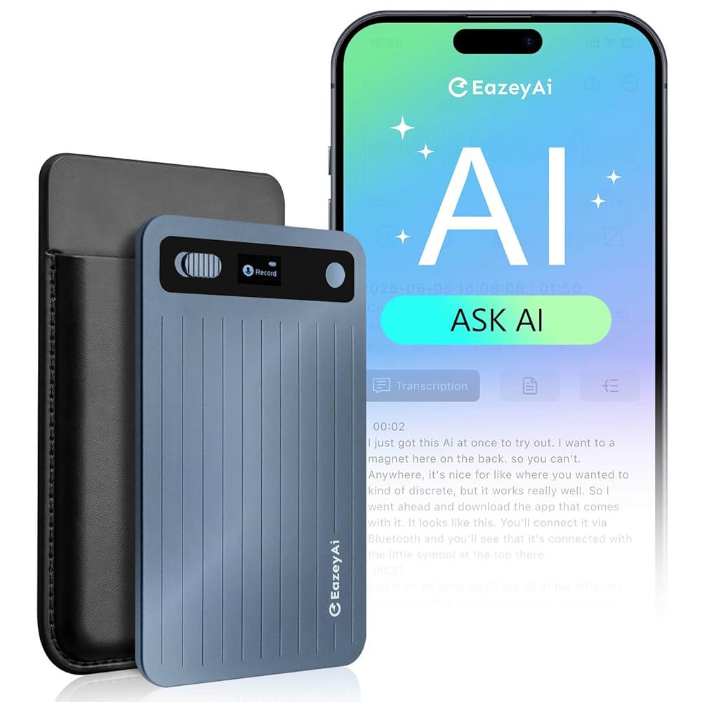 EAZEYAI AI 음성 녹음기, 64GB, 기술이 적용된 무제한 전사 및 요약, 앱 제어가 가능한 노트 강의, 회의, 통화를 위한 140개 언어(파란색) Blue - 상품 이미지