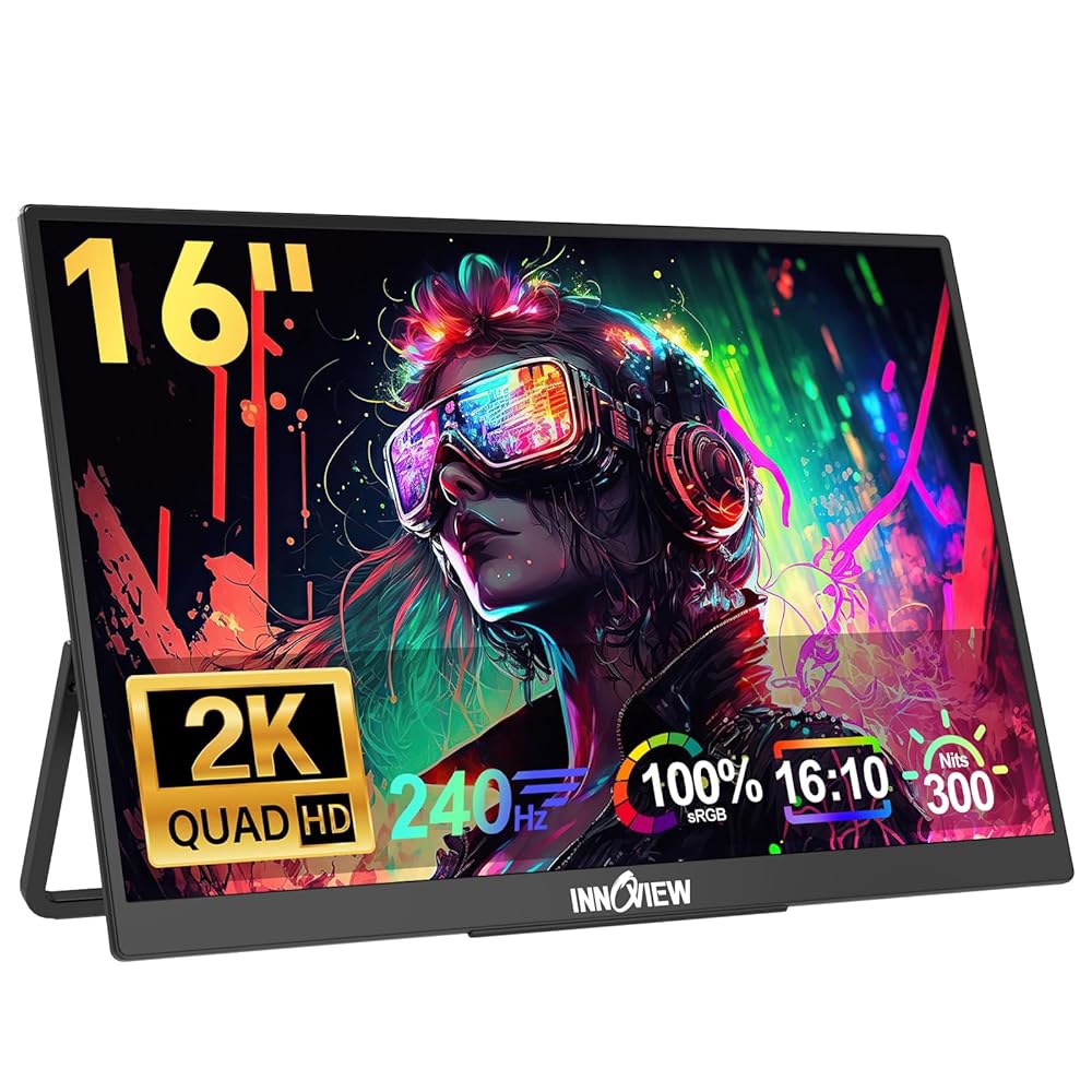 InnoView 16인치 240Hz 휴대용 모니터 2K 2560x1600 100 sRGB 게이밍 노트북 내장 스피커 180 조절 가능한 타입-C HDMI 화면 확장기 Surface - 상품 이미지