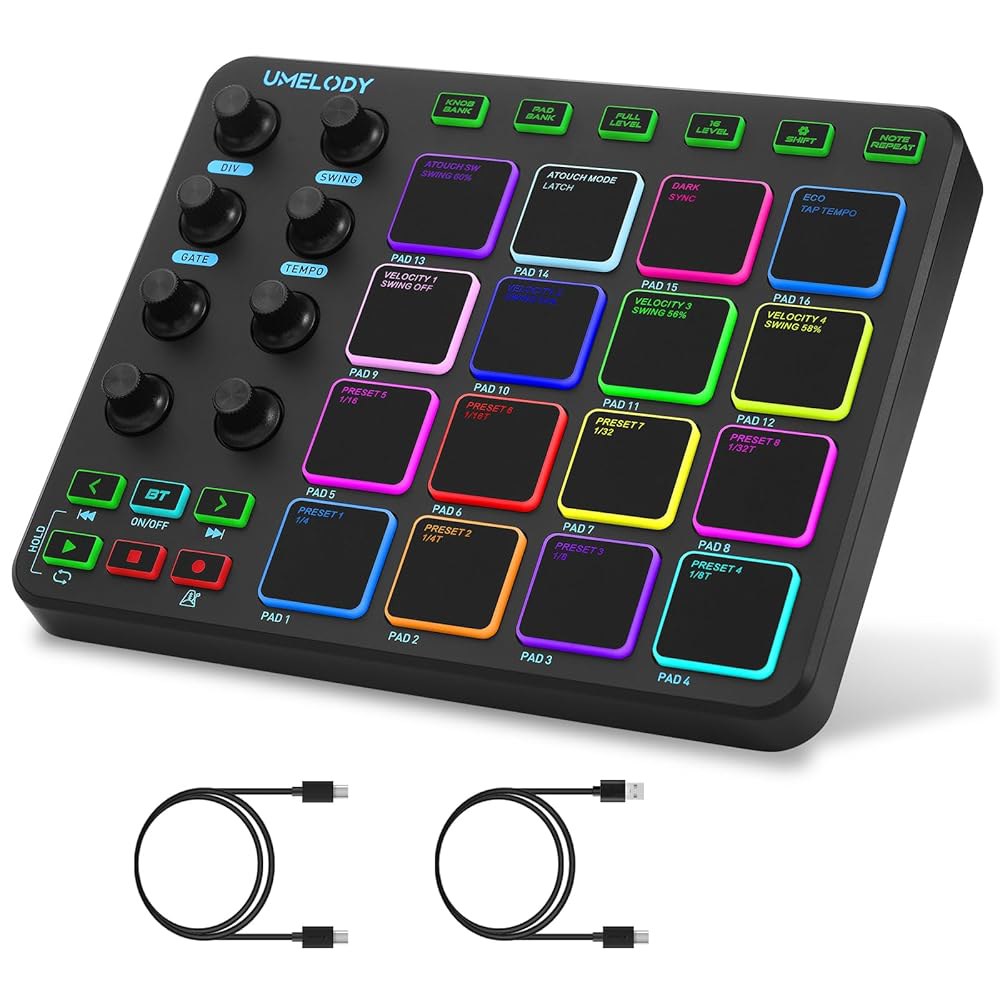 무선 연결이 가능한 Umelody JP-1 MIDI 패드 컨트롤러, 음악 제작을 위한 16개의 RGB 비트 패드, 초보자를 휴대용 메이커, 핑거 드럼, 샘플링, 노트북, 태블릿, - 상품 이미지