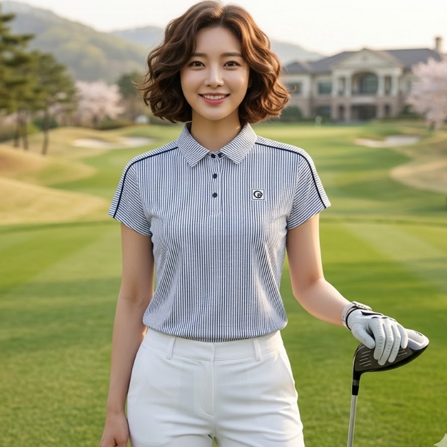 팬텀 골프 여성 여름 골프웨어 라인 배색 가오리형 반팔 티셔츠 - 상품 이미지