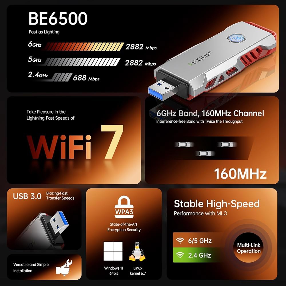 PC용 EDUP USB WiFi 7 어댑터, 3.0 동글 BE6500Mbps, 트라이밴드 6GHz / 5GHz 2.4GHz 무선 네트워크 게임용 카드, Windows 11 및 Li - 상세 이미지 2