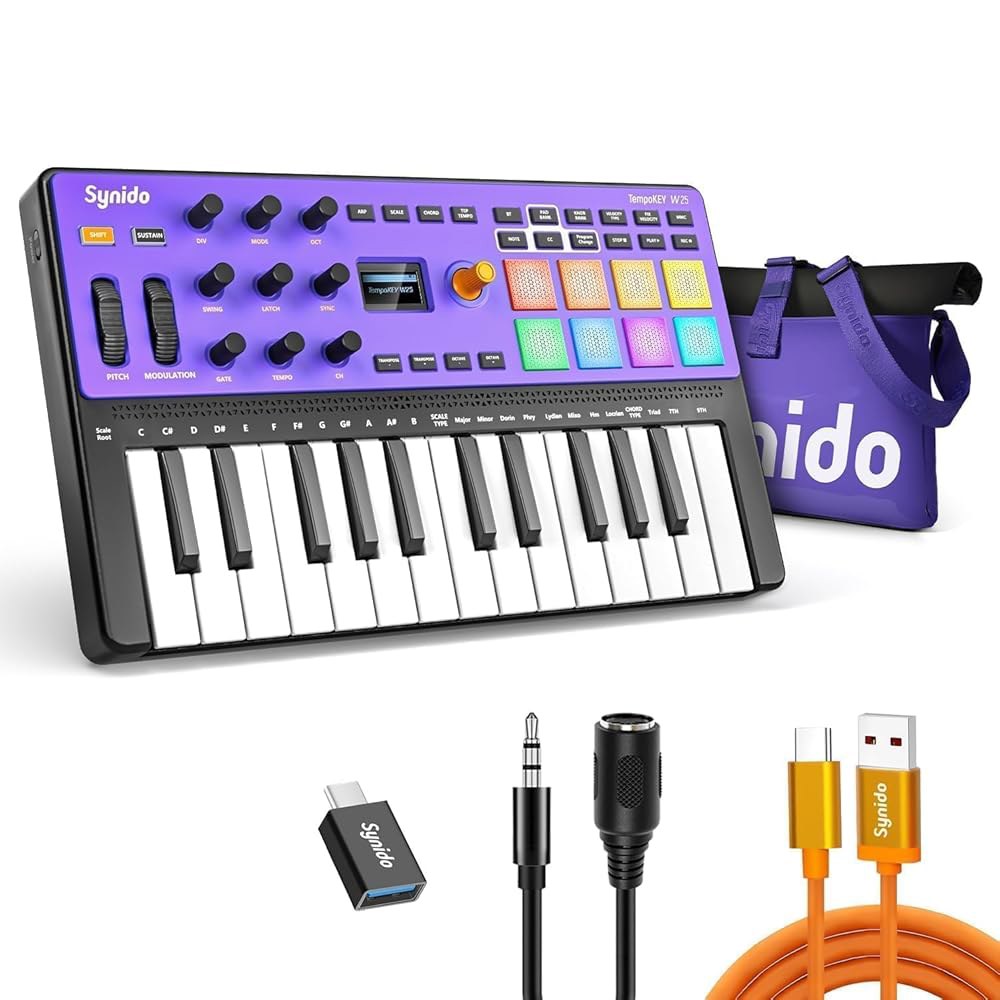 Synido Wireless 25 키 USB MIDI 키보드 컨트롤러 충전식, 8 개의 드럼 패드, OLED 화면, 입력/출력/쓰루, 음악 제작을 위한 프로페셔널 BT 비트 메이커 - 상품 이미지