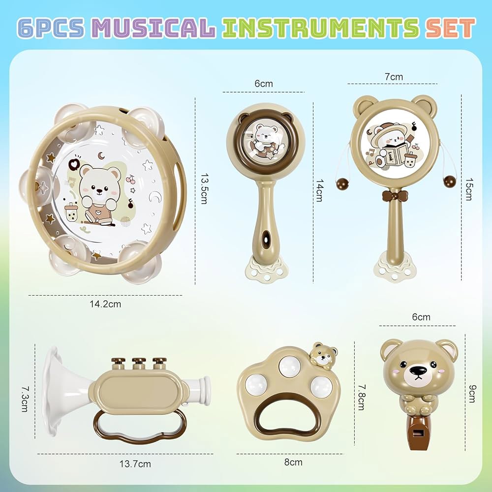 용 음악 장난감 1-3 6pcs 몬테소리 악기 치아 장난감, 래틀 앤 탬버린과 함께하는 소년 소녀용 학습 생일 선물 - 상세 이미지 2