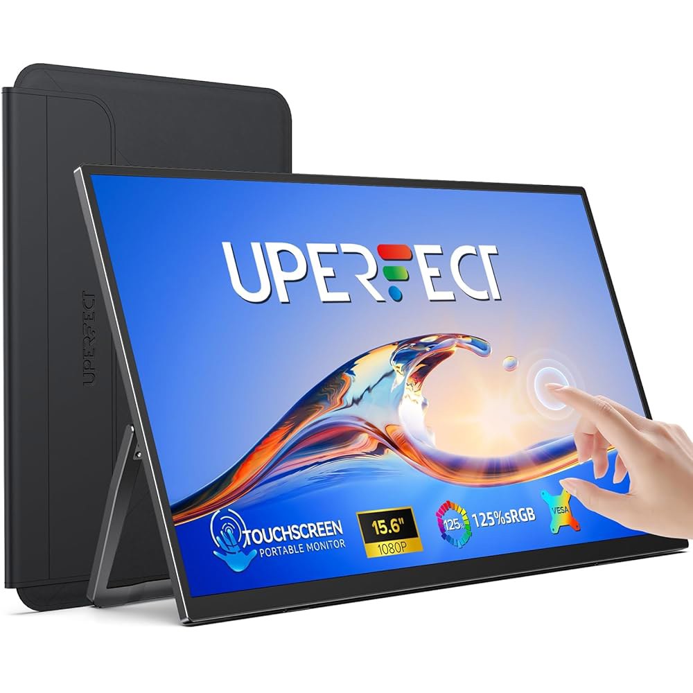 UPERECT 휴대용 모니터 터치스크린 15.6인치 125 sRGB 여행용 내장 조절식 스탠드, 스피커, VESA 마운트 가능, 노트북 맥북 휴대폰 게임 콘솔용 USB-C HDMI - 상품 이미지
