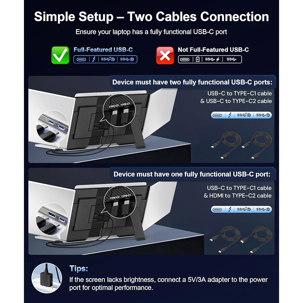 Ozirex 15.6인치 노트북 화면 확장기, 노트북용 FHD 1080P 트리플 휴대용 모니터, 13.3인치 u201317.3인치 울트라 슬림 여행용 USB-C 및 HDMI 플러그 - 상세 이미지 3