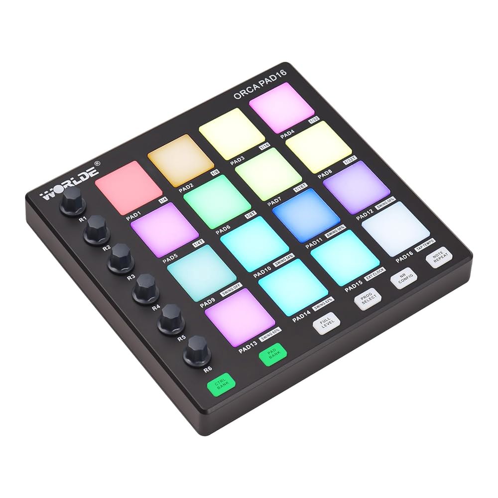 MIDI 컨트롤러 스트라이크 패드 미디 드럼 머신 비트 메이커 USB 키보드 6 할당 가능한 노브 노트 반복 풀 레벨 버튼 및 프로덕션 소프트웨어 휴대용 미니 16PAD - 상품 이미지